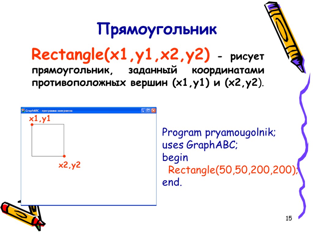 15 Прямоугольник Rectangle(x1,y1,x2,y2) - рисует прямоугольник, заданный координатами противоположных вершин (x1,y1) и (x2,y2). Program